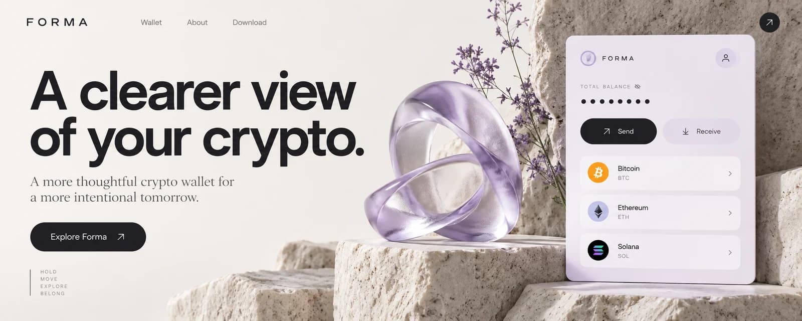 Example editorial crypto wallet website concept with a lilac glass sculpture and clear asset controls.