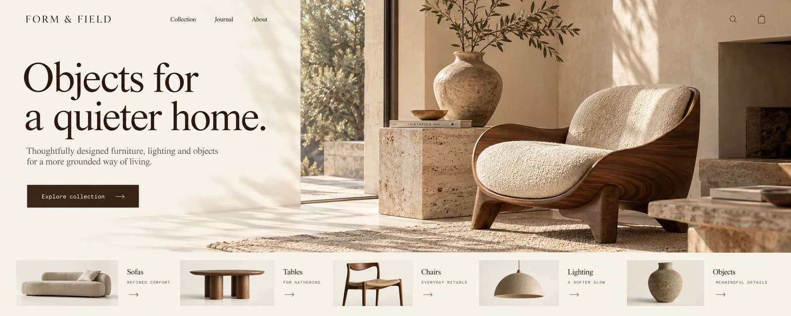 Example furniture store website with a sculptural walnut chair and warm minimalist editorial layout.