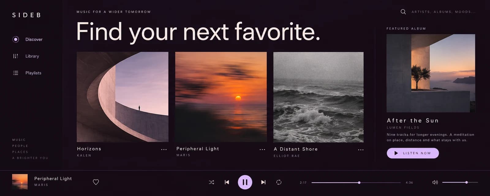 Example dark music discovery app with photographic album artwork and a minimal playback bar.