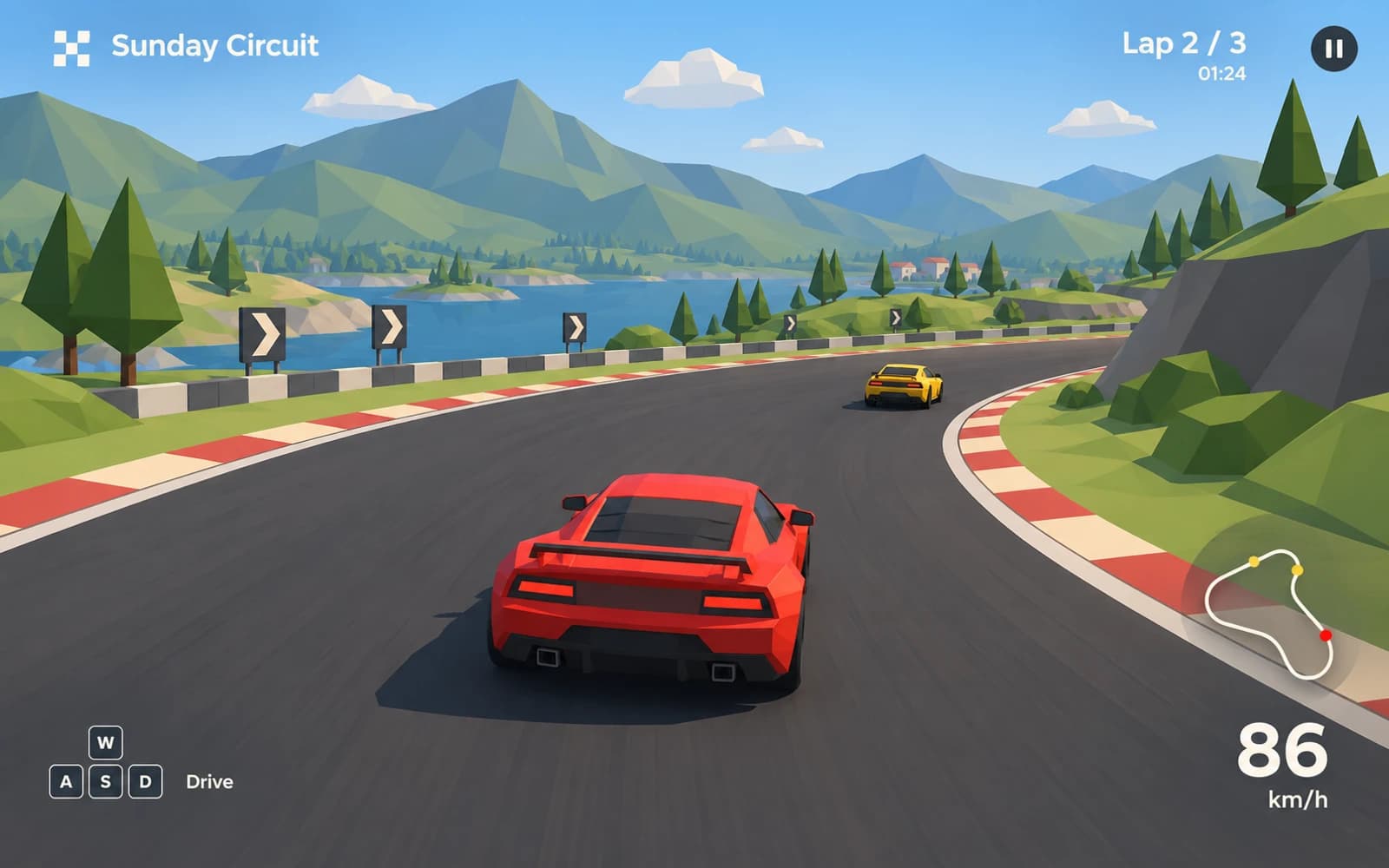 Example low-poly racing game UI concept with a red car, curved lakeside track, and minimal lap and speed controls.